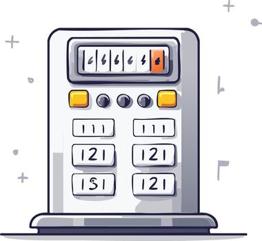 Hand-drawn doodle illustration of a retro calculating machine with a rolling number counter and keypad vector