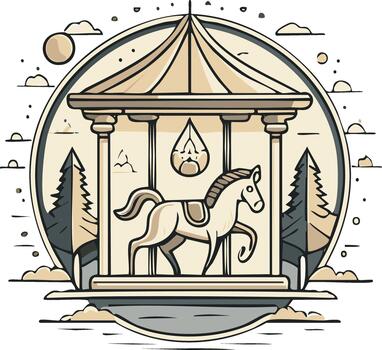 carrusel caballo en plataforma con arboles y nubes en gráfico estilo vector