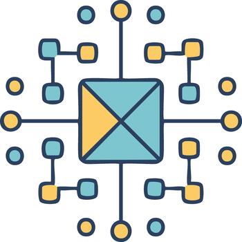 Abstract interconnected network of geometric shapes and nodes representing data flow or communication channels vector