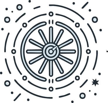 Abstract Circular Symbol with Spokes and Rotating Hand Surrounded by Cosmic Orbits and Geometric Shapes vector