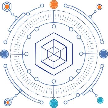 Abstract technical scheme illustration with hexagon shape, various connected circular elements, and dotted lines on clean background vector