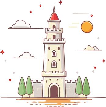 dibujos animados estilo castillo torre con arqueado puerta y arboles en un alegre escénico composición vector