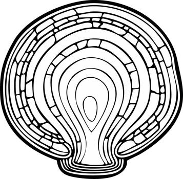 Abstract organic shape with concentric lines and segmented outer texture black and white illustration vector