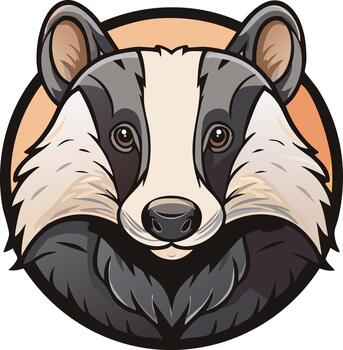 Cartoon illustration of a badger face with a circle background of peach color vector