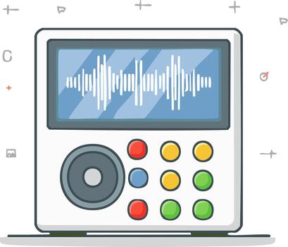 Illustration of a digital sound recorder device displaying a waveform on its screen vector