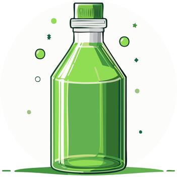botella de verde líquido elixir con tapa rodeado por flotante verde elementos vector
