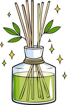 Aromatic diffuser with green liquid, reed sticks, and leaves, surrounded by sparkles vector