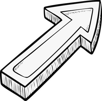 Drawn arrow pointing up and forward in a graphic style with perspective and shading vector