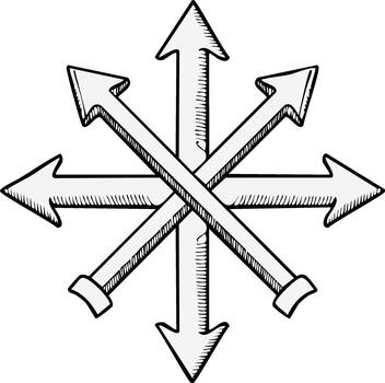 Six directional arrows intersecting in a starburst pattern sketched outline style vector