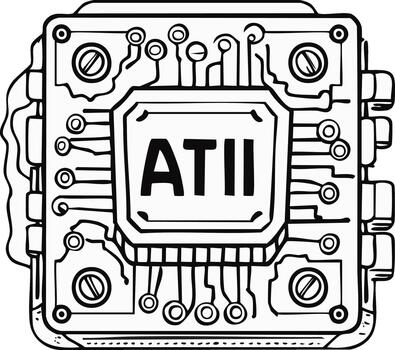 Hand drawn illustration of a central processing unit with circuits and pins vector