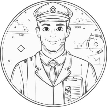 Friendly courier in uniform holds checklist clipboard in a circular frame with sky elements vector