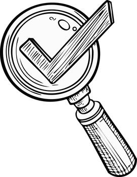 Hand drawn magnifying glass with checkmark for successful search verification and accuracy vector