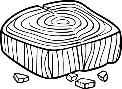 Stylized monochrome illustration of tree stump with visible growth rings and wood splinters in a simplistic design vector