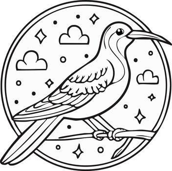 Stylized bird perched on a branch inside a whimsical circle with clouds and stars vector