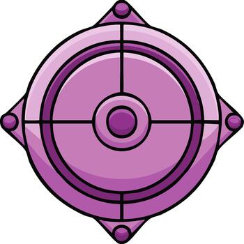 Fantasy Game Round Shield with Cross, Round Design and Four Attachment Points in Purple and Pink, vector