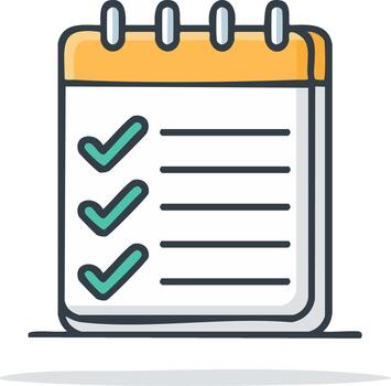 Simple icon of a completed checklist on a spiral notepad with green checkmarks for tasks vector