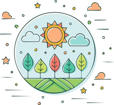 Stylized outdoor scene with sun clouds trees and fields in a circular frame vector