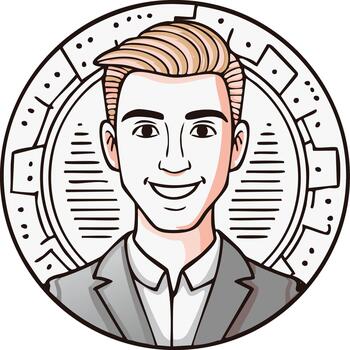 Smiling man portrait with a business suit and an abstract gear in a circle vector