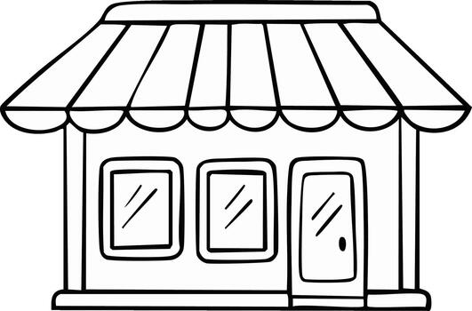 Illustration of a simple store front with awning, two windows, and a door with black outlines and isolated on white background vector
