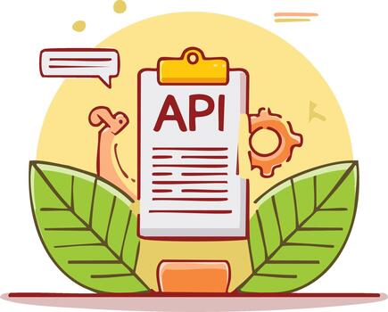 API Integration Illustration Clipboard, Gear, Leaf Motif for Software Application vector