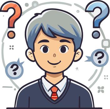 Young man cartoon illustration with question marks symbolizing confusion thought and problem solving vector