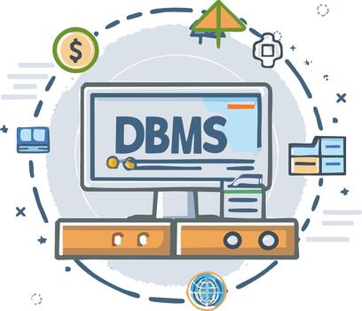 Database Management System concept with IT infrastructure, data storage, and global network elements vector