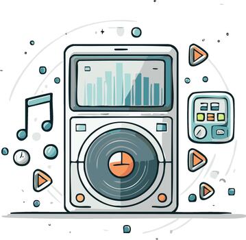 Portable Music Player with Audio Spectrum, Vinyl Record, and Play Controls in Retro Cartoon Style vector