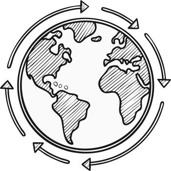 Earth Globe with Arrows Symbolizing Global Movement and Connection, Hand Drawn Illustration vector