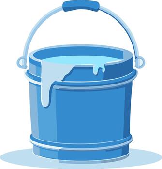 azul Cubeta lleno de líquido con goteo Desbordamiento aislado en blanco ilustración vector