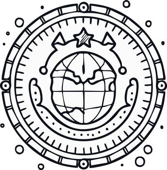 Intricate Line Art Design Featuring Earth Globe and Ornamental Border in Circular Frame for Global Themes vector