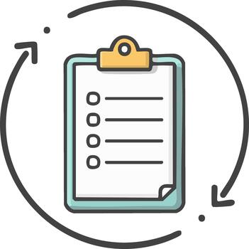 portapapeles con Lista de Verificación y flujo de trabajo flechas icono para proceso administración y renovación vector