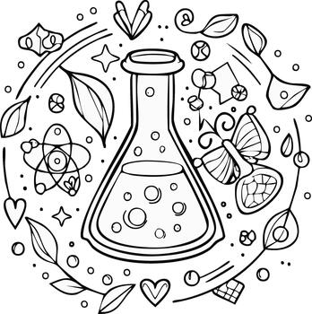 caprichoso Ciencias garabatear con matraz atómico modelo mariposa y hojas vector