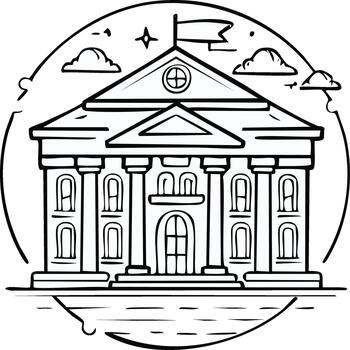 Cartoon Illustration of Government Building with Clouds and a Flag on a Circular Background vector