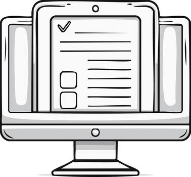Hand Drawn Illustration of a Desktop Computer with a Tablet Displaying a Checklist and Forms vector