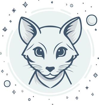 Stylized illustration of a fox head with expressive eyes inside a decorative frame, design concept vector