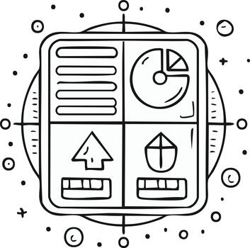 Doodle infographic with four sections showing progress charts, data lists, and directional arrows vector