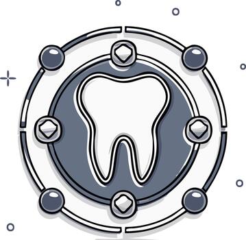 Stylized tooth icon with circular protective elements and abstract connections vector