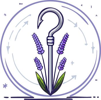 Hand drawn question mark hook with lavender flowers in a circular frame icon vector