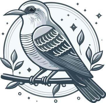 Monochrome illustration of a stylized bird perched on a branch with leaves and a subtle circular design vector