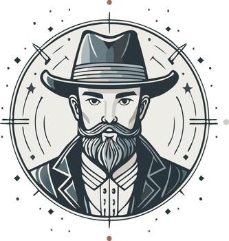 hombre en occidental sombrero con Bigote y barba en circular diseño vector