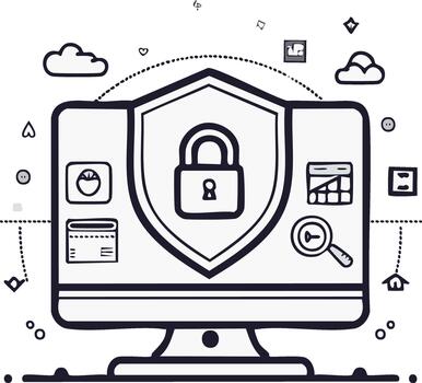 Digital security concept showing computer screen with padlock shield antivirus protection doodle elements in monochrome vector