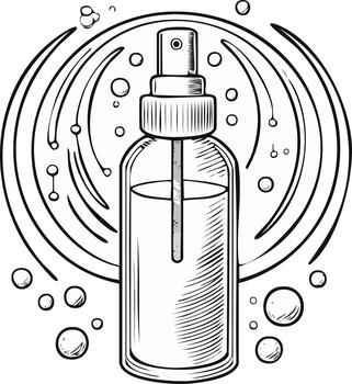 Hand drawn outline of a generic spray bottle with liquid and a diffusing mist effect clean style vector