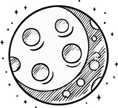 Hand drawn moon with craters and stars in a sketchy line art style vector