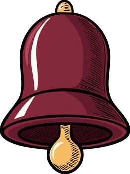 Illustration of a decorative maroon bell with golden details shining a notification for an update or alert with sketched style vector