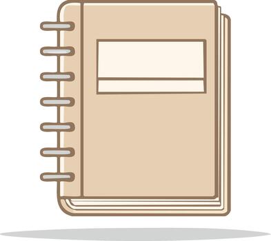 Open notepad illustration with spiral rings and a label or blank space, light brown cover, simple design vector