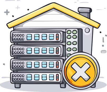 dibujos animados datos servidores formando casa forma con advertencia símbolo representando red fracaso vector