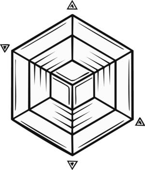 Isometric nested cube symbol creating a geometric optical illusion Black and white line art icon vector