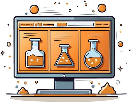 Laboratory Beaker Flasks on Computer Monitor Screen Concept vector