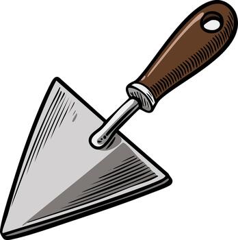 Cartoon illustration of a triangular masonry pointing trowel with a brown handle for construction work vector