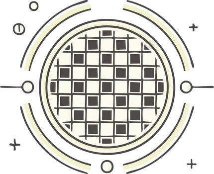 Hand drawn illustration of a round grid pattern with concentric circles and electrical symbols vector
